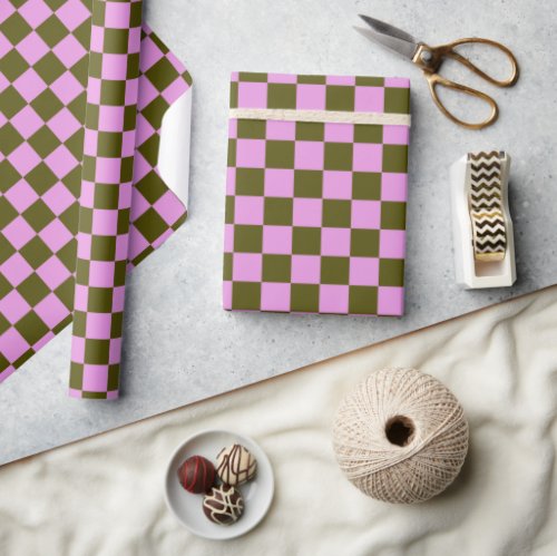 Cute Fun Modern Checkerboard Olive Lilac Geometric Wrapping Paper