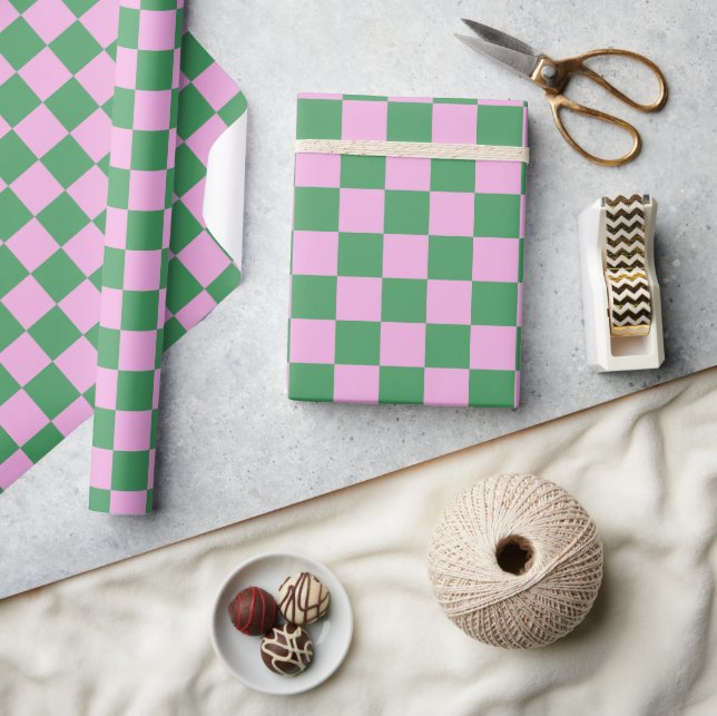 Cute Fun Modern Checkerboard Pink Green Geometric Wrapping Paper (Crafts)