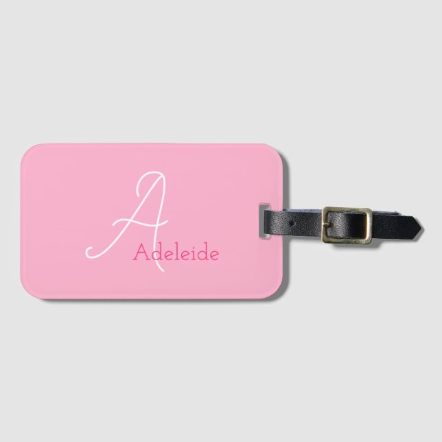 Cute Fun Modern Girly Pink Monogrammed Luggage Tag (Front Horizontal)
