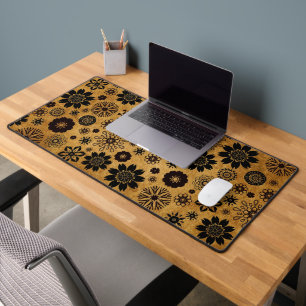 Cute Fun Modern Trendy Floral Pattern Black & Tan Desk Mat