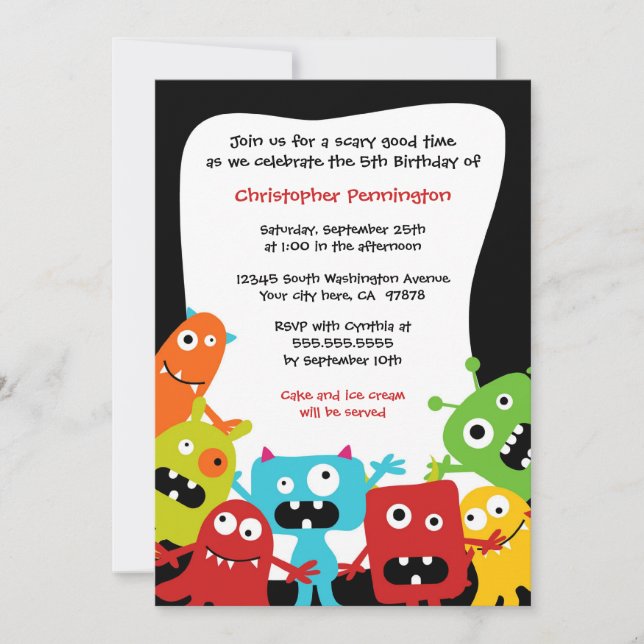 Cute fun monsters boy's birthday party invitation (Front)