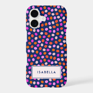 Cute Fun Navy Blue Pink Dots Personalized Name iPhone 17 Case