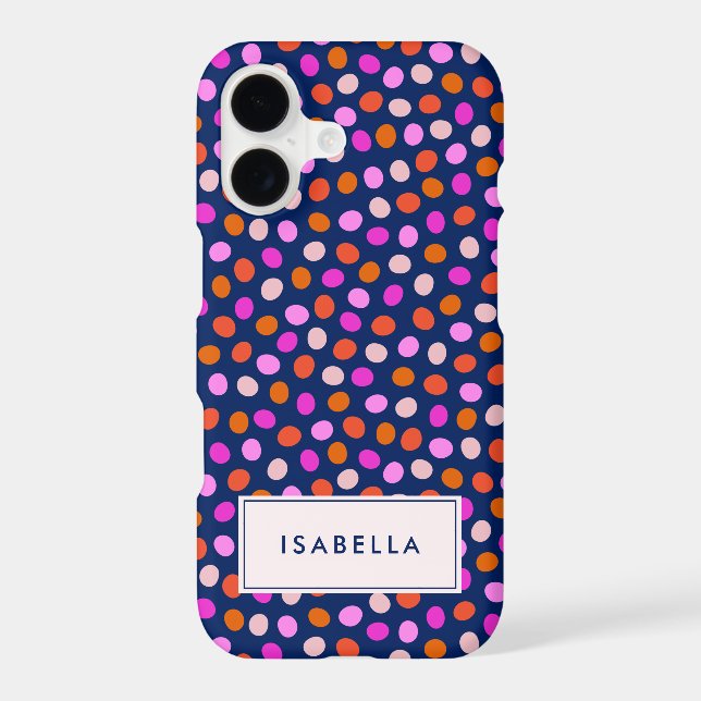Cute Fun Navy Blue Pink Dots Personalized Name Case-Mate iPhone Case (Back)
