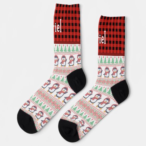 Cute fun penguin animal winter christmas red plaid socks