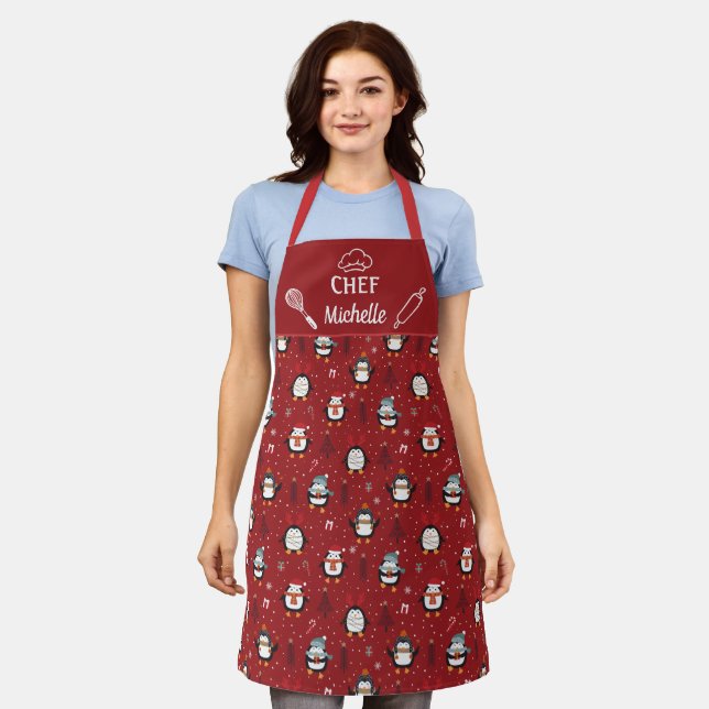 Cute fun penguins christmas trees snow apron (Worn)