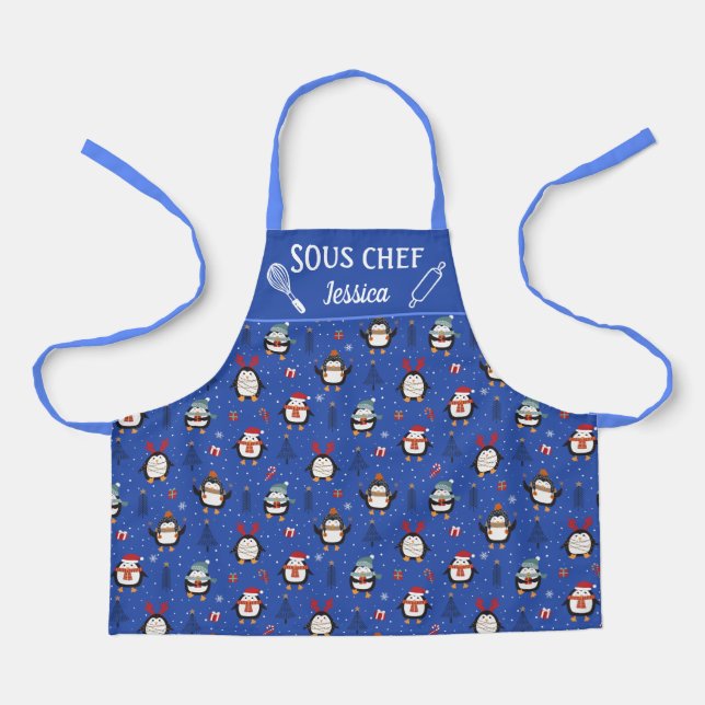 Cute fun penguins christmas trees snow Sous chef Apron (Front)