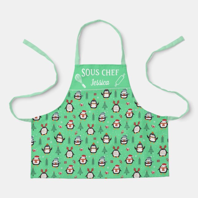 Cute fun penguins christmas trees snow Sous chef Apron (Front)