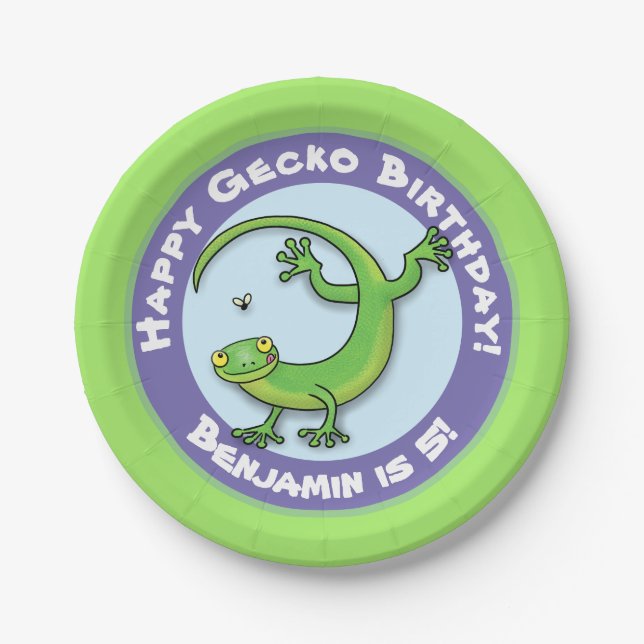 Cute fun personalised green gecko cartoon birthday paper plates (Front)