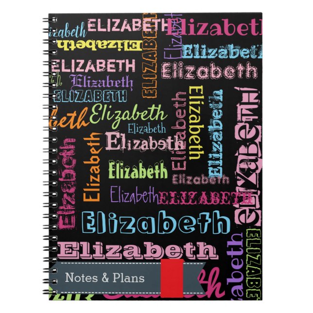 Cute Fun Personalized First Name Pattern on Black Notebook (Front)