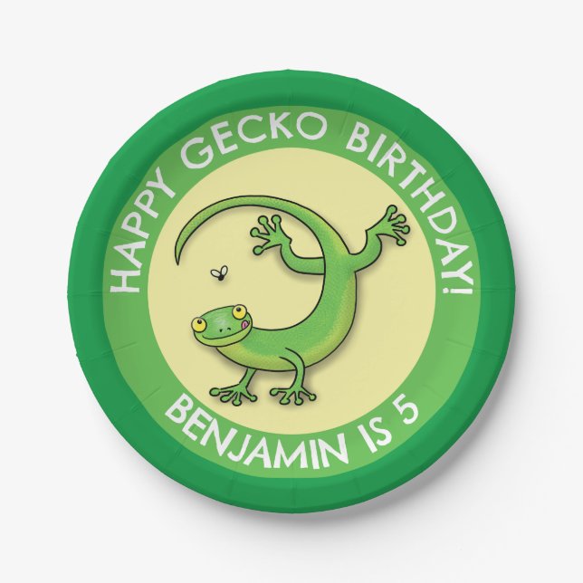 Cute fun personalized green gecko cartoon birthday paper plates (Front)