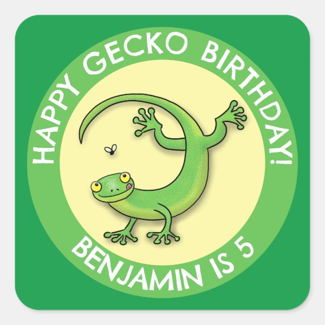 Cute fun personalized green gecko cartoon birthday square sticker (Front)