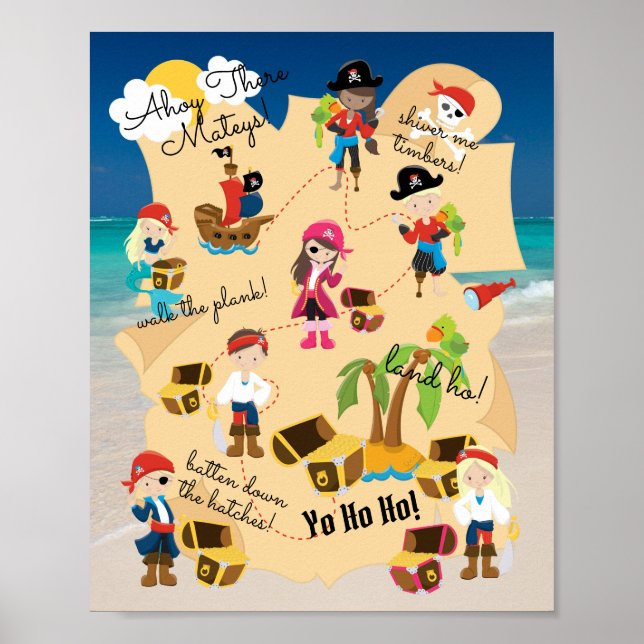Cute Fun Personalized Pirate Treasure Map Photo Poster (Front)