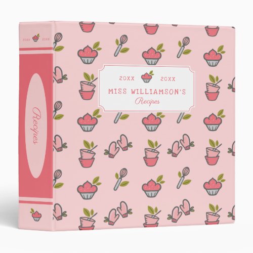 Cute Fun Pink Cooking  Baking Icon Pattern Recipe 3 Ring Binder