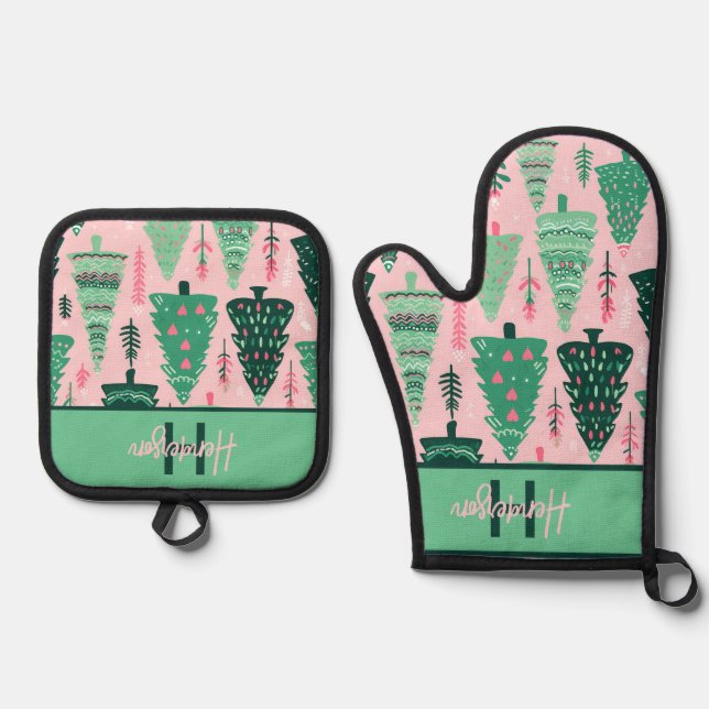 Cute Fun Pink & Green Christmas Tree Pattern Name Oven Mitt & Pot Holder Set (Front)
