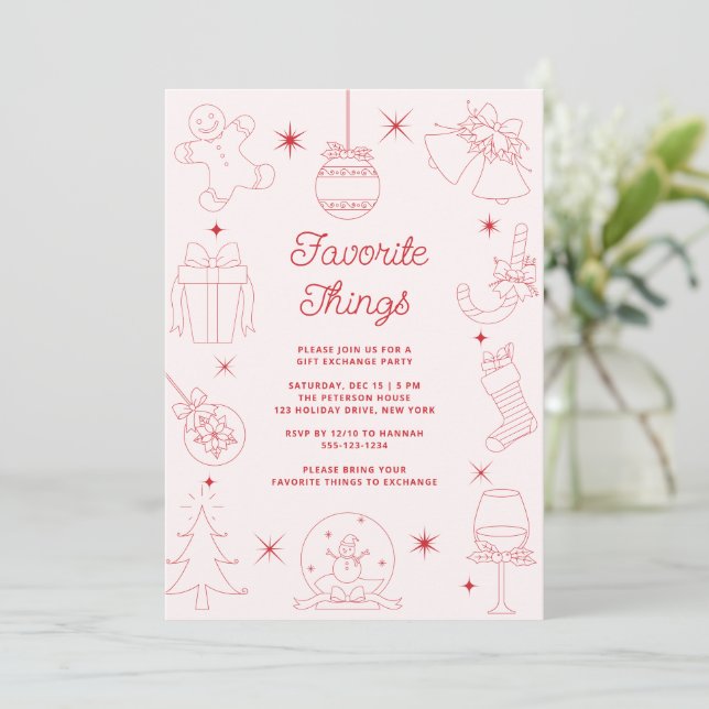 Cute Fun Pink Hand Drawn Favorite Things Holiday Invitation (Standing Front)