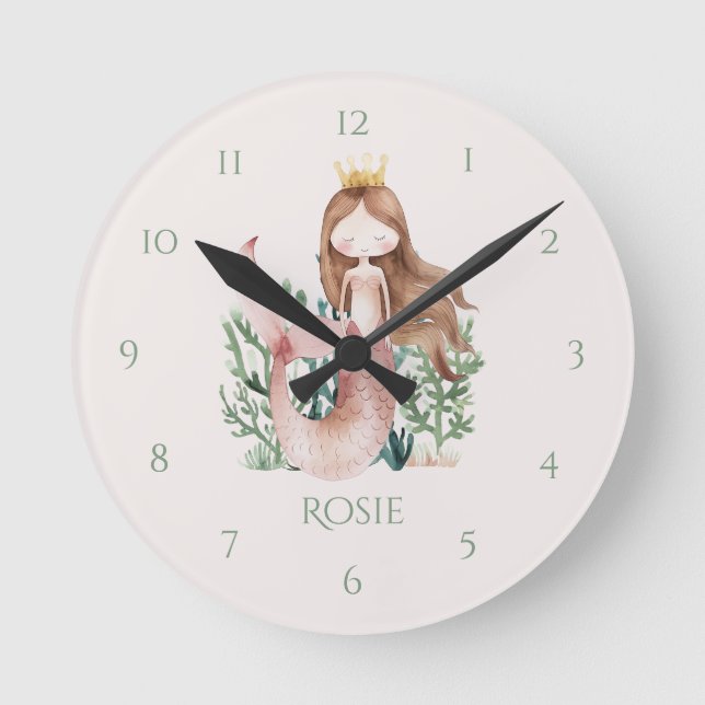 Cute fun Pink Mermaid Child's Wall Clock (Front)