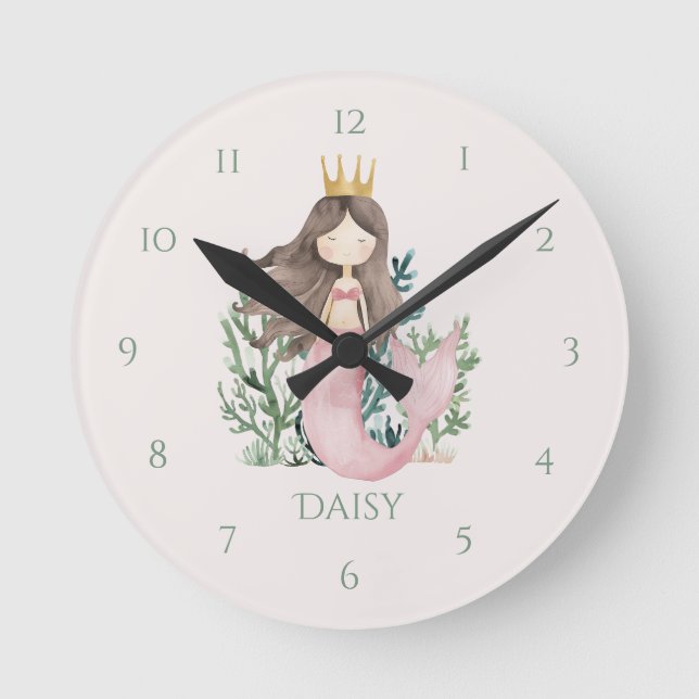 Cute fun Pink Mermaid Child's Wall Clock (Front)