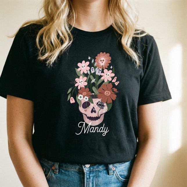 Cute Fun Pink Skull Flowers Halloween Custom Name Tri-Blend Shirt (Cute Fun Pink Skull Flowers Halloween Custom Name Tri-Blend Shirt)