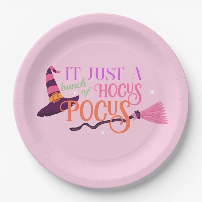 Cute Fun Pink Witch Hocus Pocus Halloween Hat Paper Plates (Front)