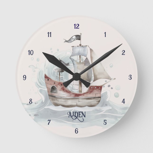 Cute Fun Pirate Ship Child's Wall Clock (Front)