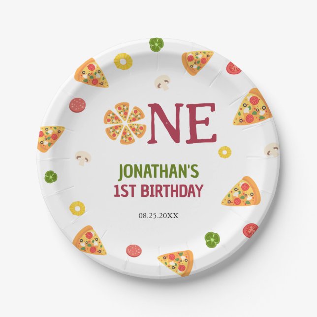 Cute Fun Pizza Party Kids 1st Birthday Paper Plates (Front)