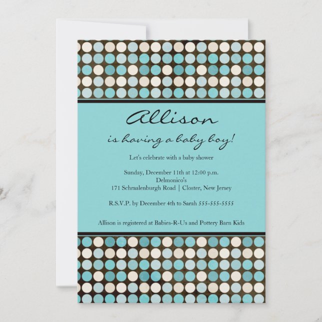 Cute FUN Polka Dots Blue & Brown  Boy Shower Invitation (Front)