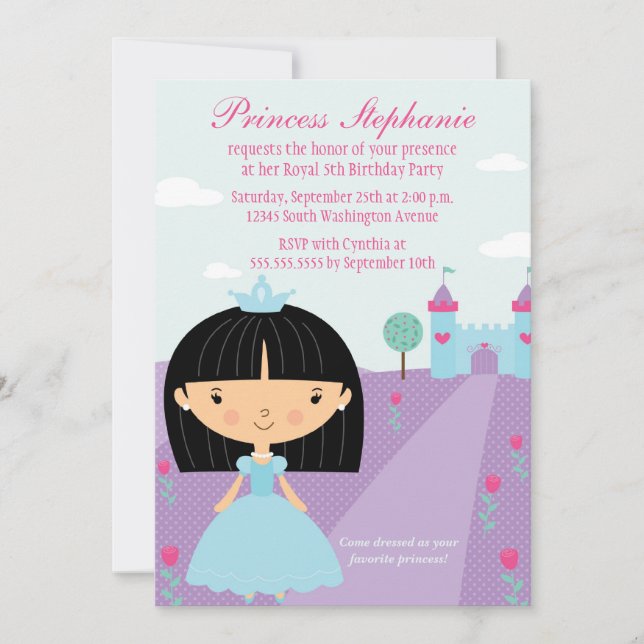 Cute fun princess girl's birthday party invitation (Front)