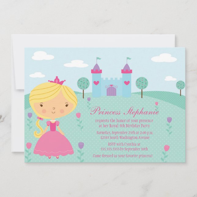 Cute fun princess girl's birthday party invitation (Front)