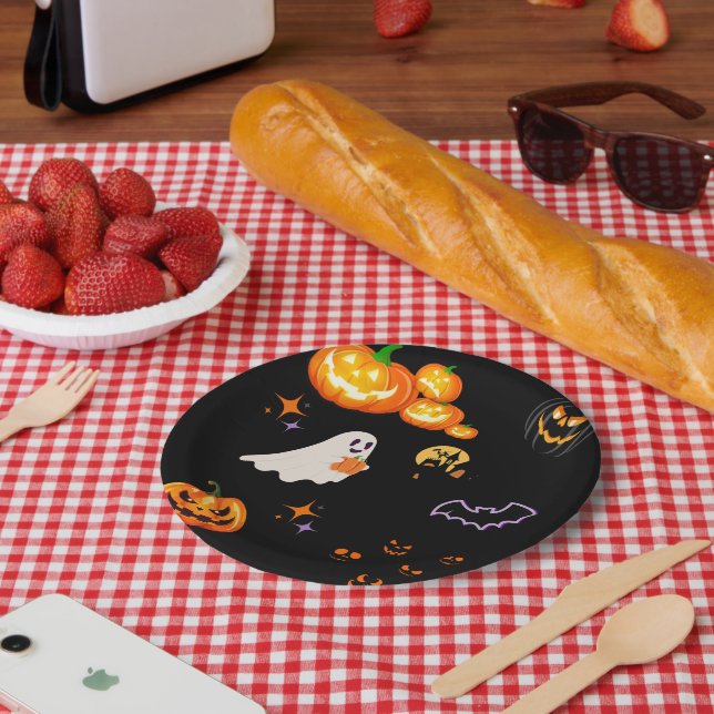 Cute Fun Pumpkin ghost bat Witch Halloween Party Paper Plates (Picnic)