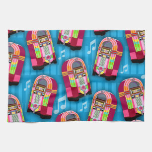 Cute Fun Retro Fifties Neon Jukebox Pattern Towel