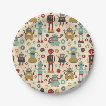 Cute & Fun Retro Robots Themed Party Paper Plates by funkypatterns at Zazzle