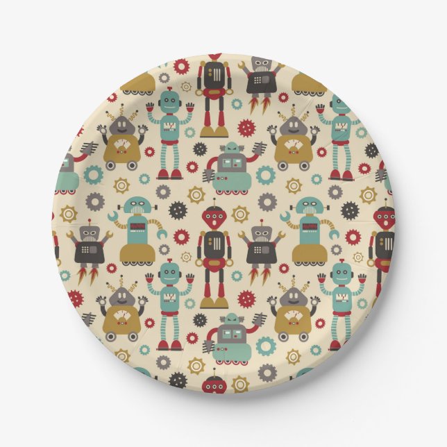 Cute & Fun Retro Robots themed party Paper Plates (Front)
