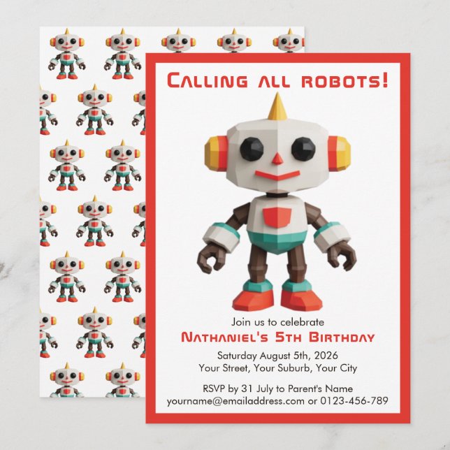 Cute Fun Robot Kid's Birthday Invitation (Front/Back)
