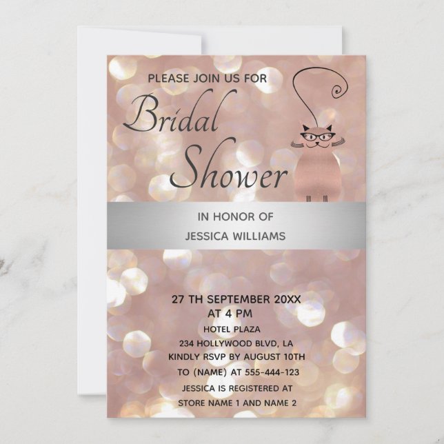 Cute fun rose gold cat bokeh invitation (Front)