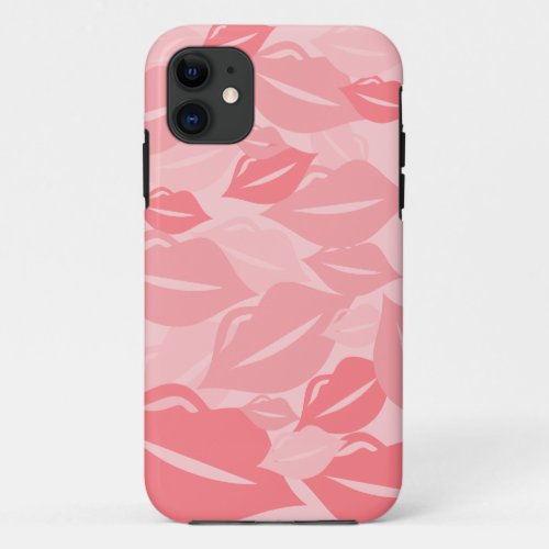 Cute Fun Salmon Pink Lips KIsses Pattern iPhone 11 Case
