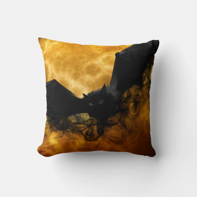 Cute Fun Scary Halloween Bat Full Moon Black Throw Pillow (Front)