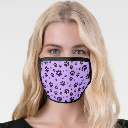 Cute Fun Scattered Black Paw Prints on Lavender Face Mask