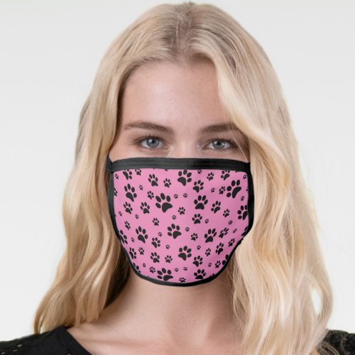 Cute Fun Scattered Black Paw Prints on Pink Face Mask