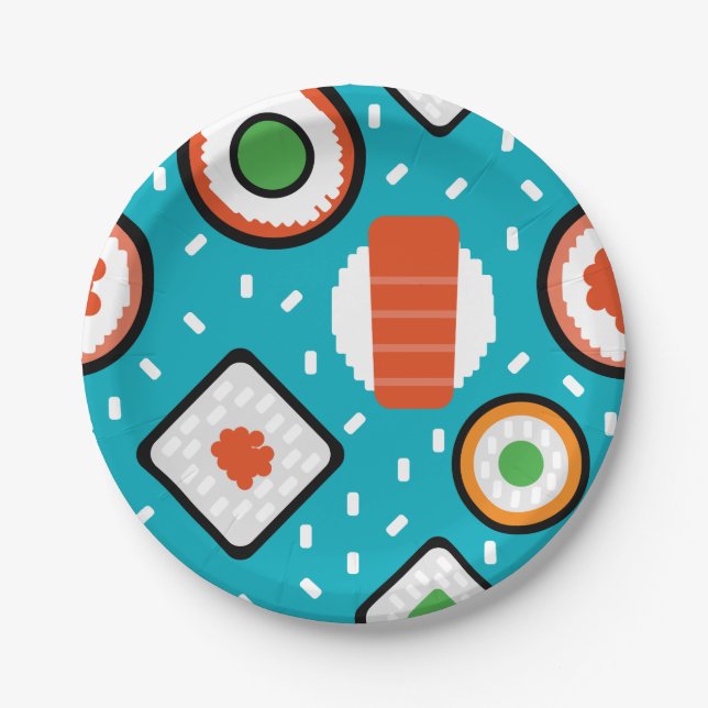 Cute fun seamless pixel sushi cartoon pattern paper plates (Front)