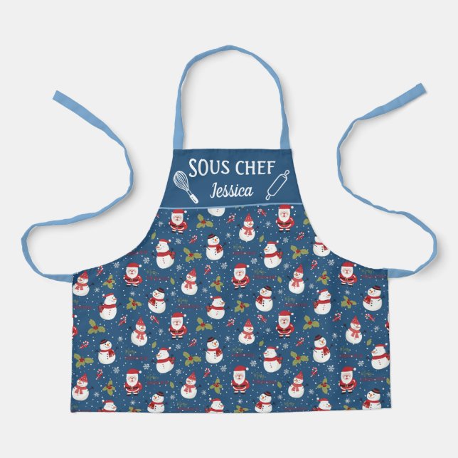 Cute fun snowman Santa Claus Christmas family Apron (Front)