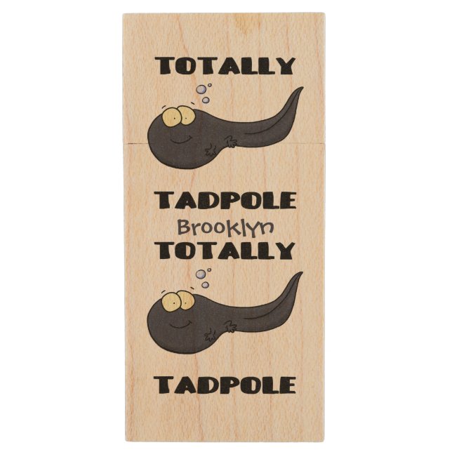Cute fun tadpole cartoon illustration wood flash drive (Front Vertical)