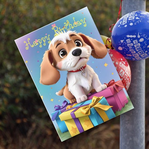 Cute fun Tan  White Puppy with Gifts Birthday Card