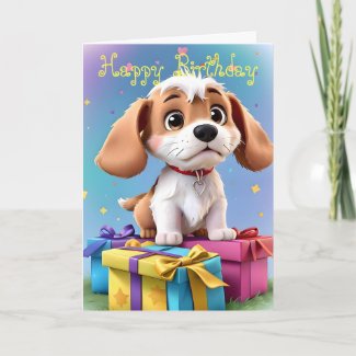 Cute fun Tan & White Puppy with Gifts Birthday