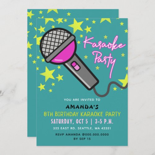 Cute Fun Teal Pink Kids Birthday Karaoke Party  Invitation