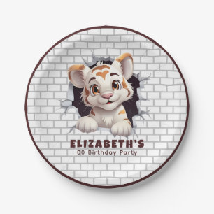 Cute Fun Tiger Cub Peeking Out Dark Brown Party Paper Plates
