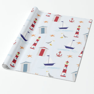 Cute fun tropical beach lighthouses boats pattern wrapping paper