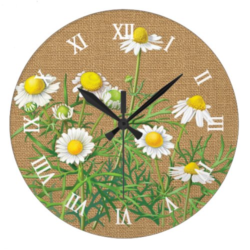 Cute Fun Vintage Camomile Flowers Faux Jute Burlap Large Clock