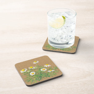 Cute Fun Vintage Chamomile Floral Faux Jute Burlap Beverage Coaster