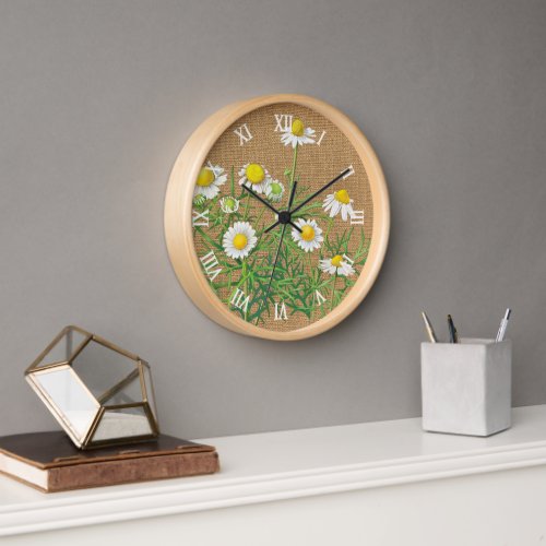 Cute Fun Vintage Chamomile Floral Faux Jute Burlap Clock