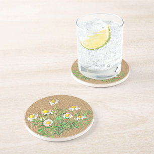 Cute Fun Vintage Chamomile Floral Faux Jute Burlap Coaster